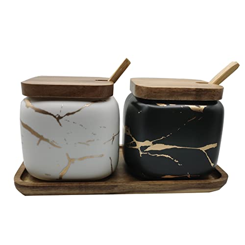 JFFLYIT 2 Sets of Marble Ceramic Sugar Bowl Ceramic Seasoning Jars with Wooden Lid and Wooden Spoon(Black and White) - Image 1