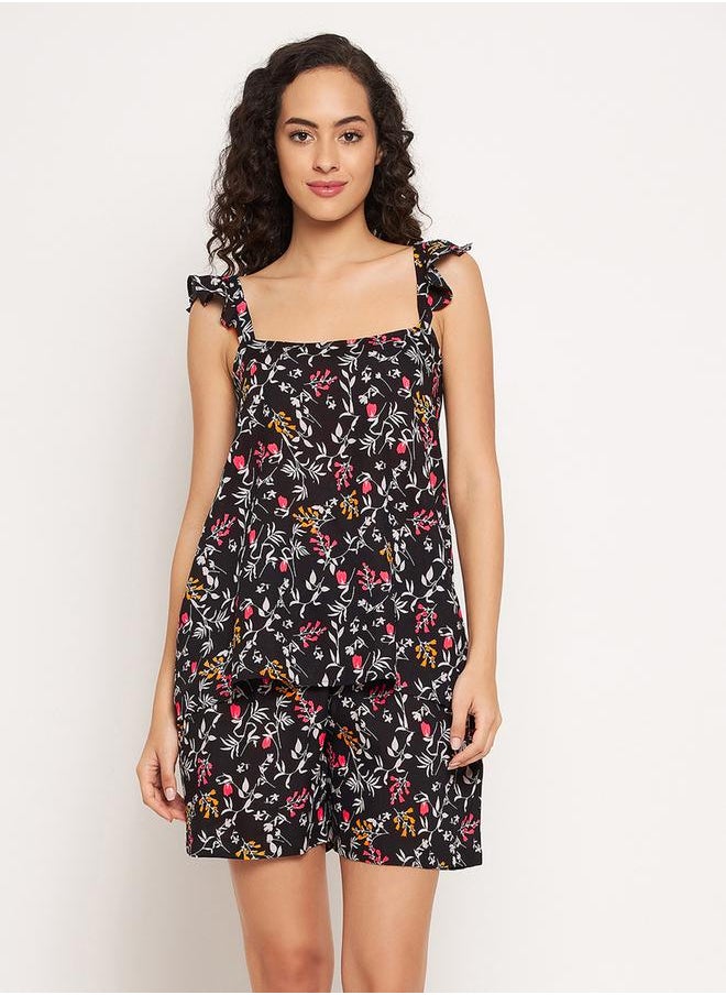 Clovia Floral Print Frill Sleeve Top and Shorts Pyjama Set by Styli  - Image 2