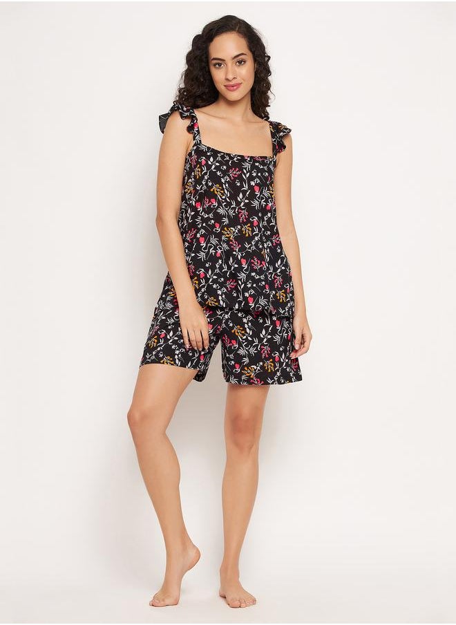 Clovia Floral Print Frill Sleeve Top and Shorts Pyjama Set by Styli  - Image 1