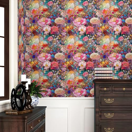 REDAMANCY Colorful Flowers Pink/Yellow/Red Glass Satined Peel and Stick Wallpaper Stick on Contact Paper Vintage Wall Paper Easy Peel Off for nightstand Drawer Cabinet Renter - Image 2