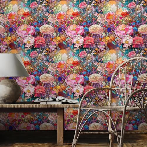REDAMANCY Colorful Flowers Pink/Yellow/Red Glass Satined Peel and Stick Wallpaper Stick on Contact Paper Vintage Wall Paper Easy Peel Off for nightstand Drawer Cabinet Renter - Image 3