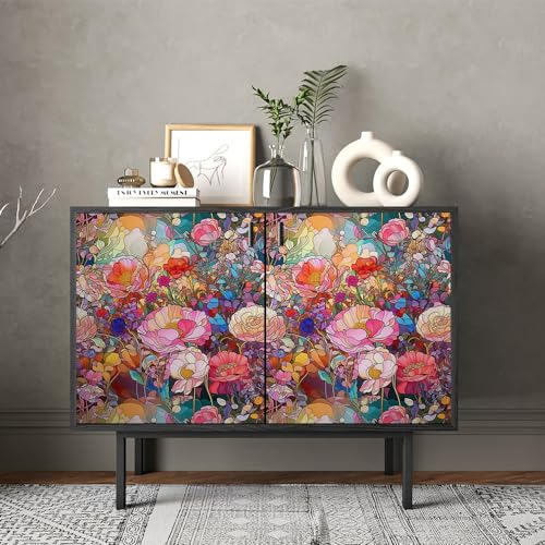 REDAMANCY Colorful Flowers Pink/Yellow/Red Glass Satined Peel and Stick Wallpaper Stick on Contact Paper Vintage Wall Paper Easy Peel Off for nightstand Drawer Cabinet Renter - Image 4