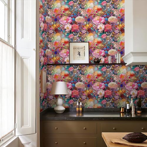 REDAMANCY Colorful Flowers Pink/Yellow/Red Glass Satined Peel and Stick Wallpaper Stick on Contact Paper Vintage Wall Paper Easy Peel Off for nightstand Drawer Cabinet Renter - Image 5