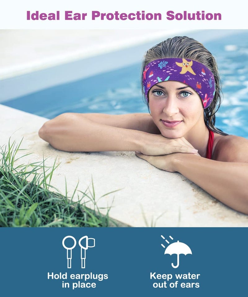 MoKo Lovely Kids Swimming Headband, Waterproof Ear Protection Band for Bathing, Ages 4-17, Purple Starfish - Image 2