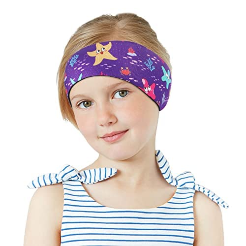 MoKo Lovely Kids Swimming Headband, Waterproof Ear Protection Band for Bathing, Ages 4-17, Purple Starfish - Image 1