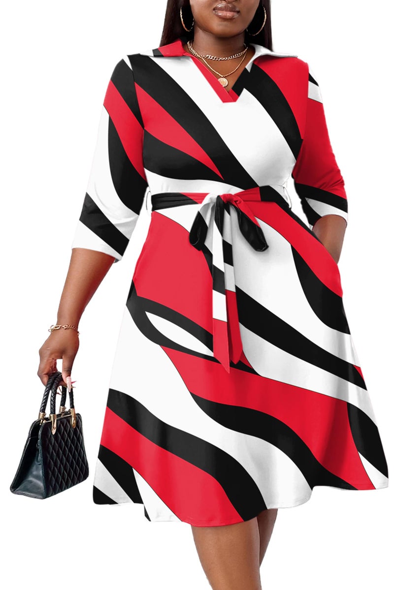 FANDEE Women's Midi Dress Plus Size 3/4 Sleeves V Neck Cocktail Party Dress Curvy Wrap Sexy Pattern Dresses with Belt Red Black 2XL - Image 1