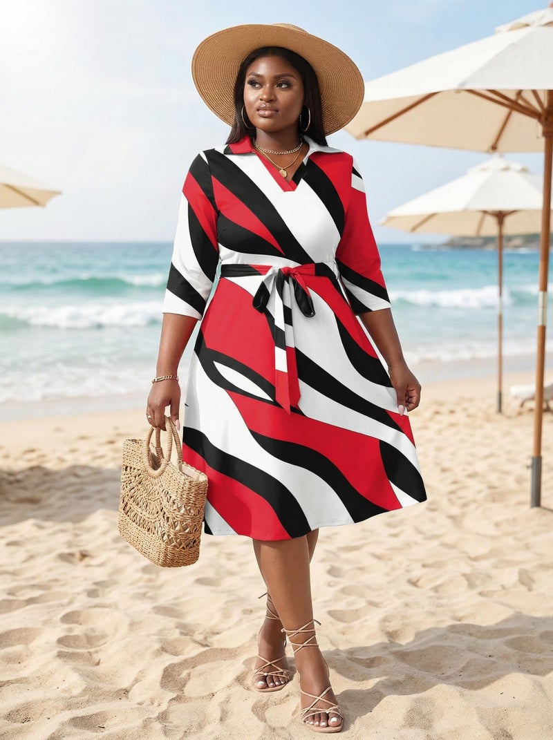 FANDEE Women's Midi Dress Plus Size 3/4 Sleeves V Neck Cocktail Party Dress Curvy Wrap Sexy Pattern Dresses with Belt Red Black 2XL - Image 5