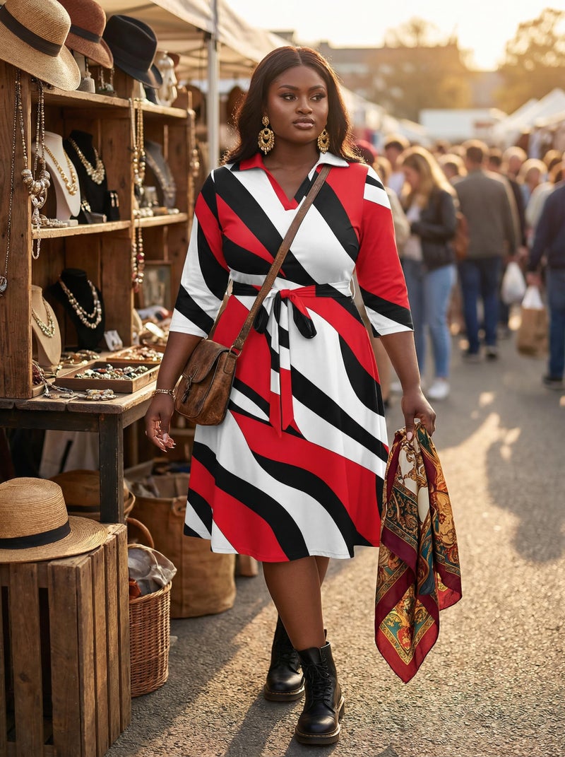 FANDEE Women's Midi Dress Plus Size 3/4 Sleeves V Neck Cocktail Party Dress Curvy Wrap Sexy Pattern Dresses with Belt Red Black 2XL - Image 4