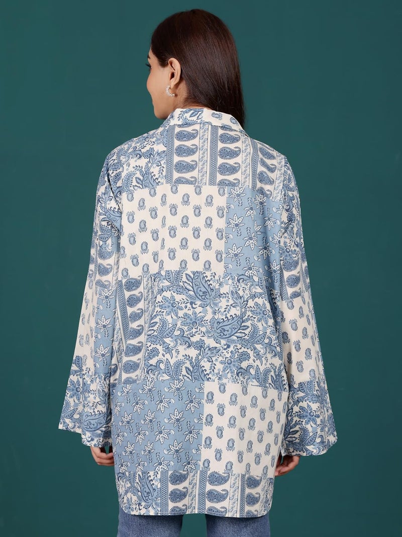 Varanga Print Cotton Blue and Off White Longline Shirt Style top - Image 4