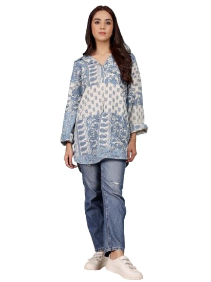 Varanga Print Cotton Blue and Off White Longline Shirt Style top - Image 1