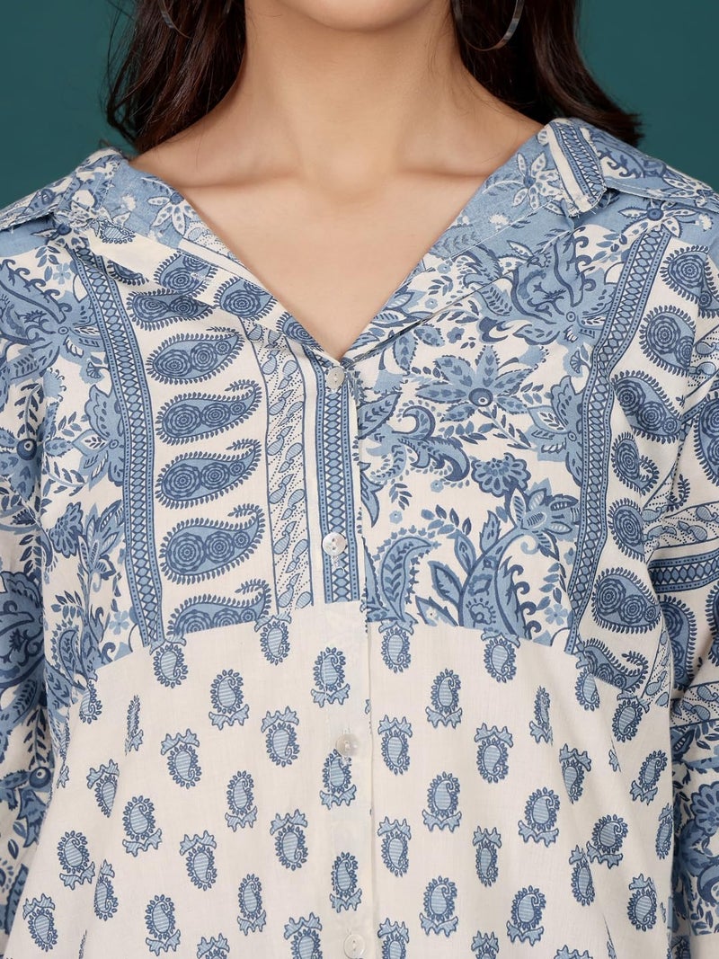 Varanga Print Cotton Blue and Off White Longline Shirt Style top - Image 5