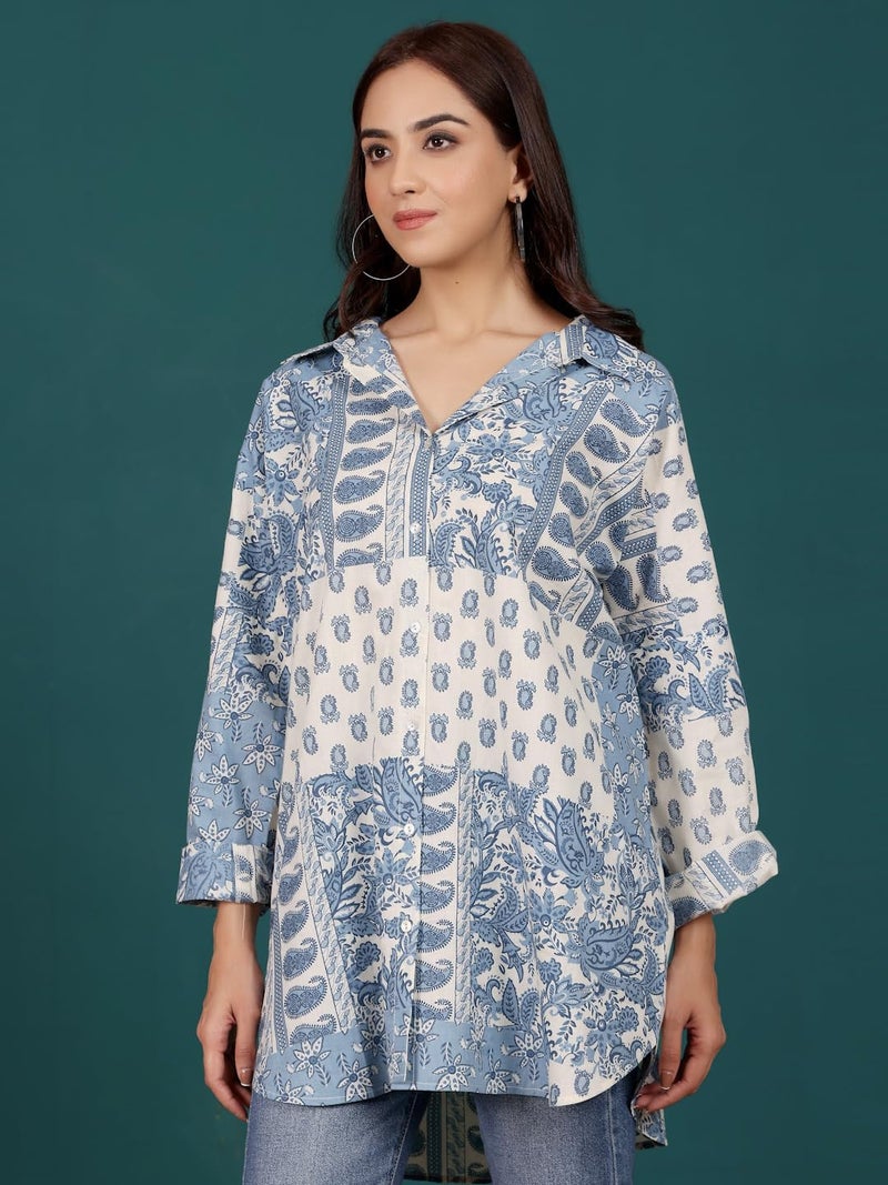 Varanga Print Cotton Blue and Off White Longline Shirt Style top - Image 3
