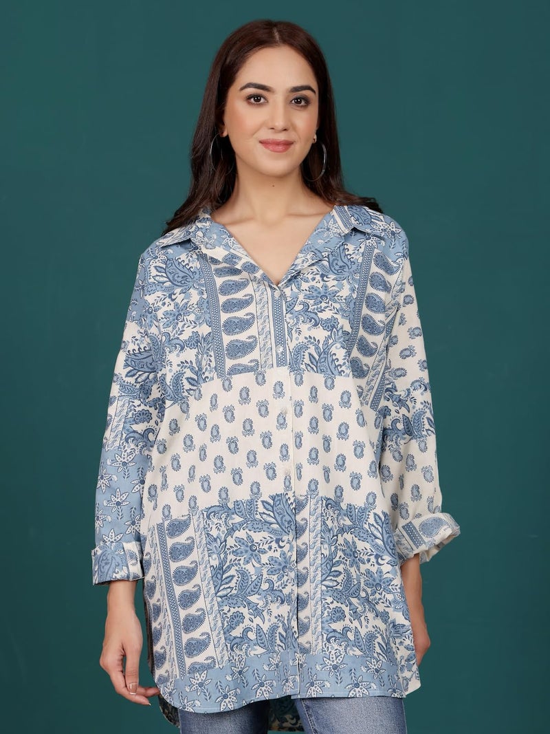Varanga Print Cotton Blue and Off White Longline Shirt Style top - Image 2