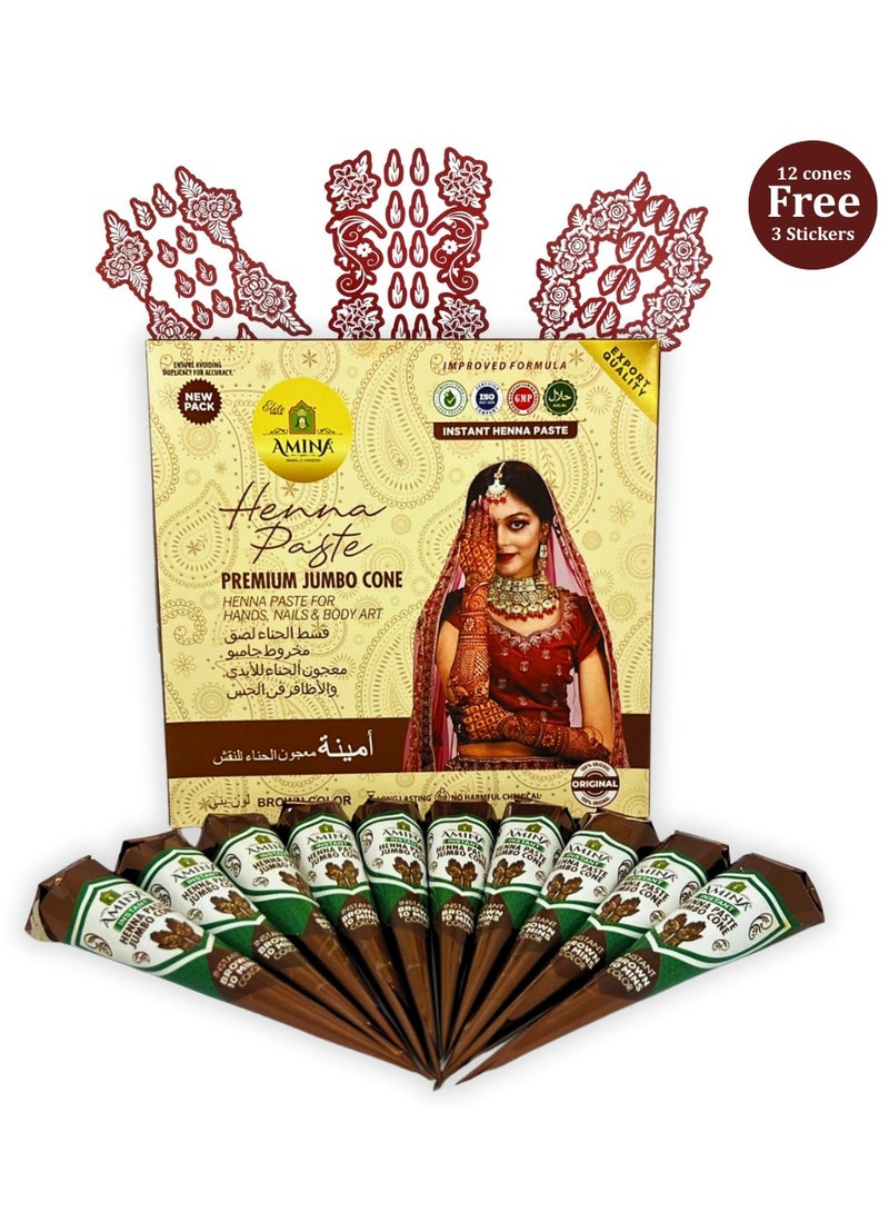 أمينا حناء أمينة سريعة التحضير، مخروط حناء | مع مجموعة مجانية من 3 ملصقات/استنسلات كاملة | بدون مواد كيميائية | يدوم طويلاً | عبوة من 12 قطعة، وزن كل منها 45 غرامًا | لون بني - Image 1