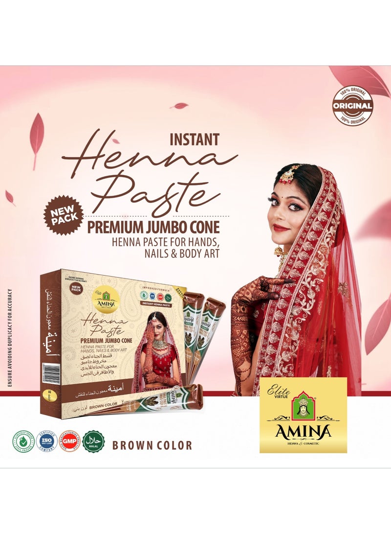 أمينا حناء أمينة سريعة التحضير، مخروط حناء | مع مجموعة مجانية من 3 ملصقات/استنسلات كاملة | بدون مواد كيميائية | يدوم طويلاً | عبوة من 12 قطعة، وزن كل منها 45 غرامًا | لون بني - Image 4