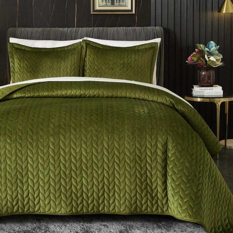 Ivellow Velvet Quilt Queen Size Green Lightweight Velvet Comforter Set Oversized Bedspread Coverlet Full for All Season 3Pcs Luxury Quilted Bedding
