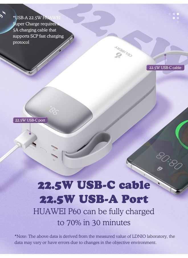 CELIBERY - 50000mAh Power Bank with 4 Outputs (2 x USB-A, 2 x USB-C) and input (Type-C), Two built-in cables, Battery digital Display, 22.5W Fast Charging and Carrying Strap, White - Image 1