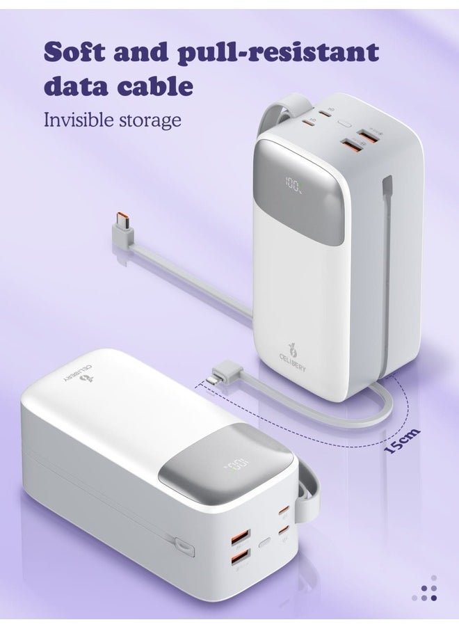 CELIBERY - 50000mAh Power Bank with 4 Outputs (2 x USB-A, 2 x USB-C) and input (Type-C), Two built-in cables, Battery digital Display, 22.5W Fast Charging and Carrying Strap, White - Image 1