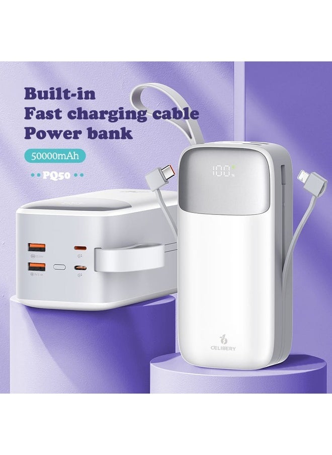 CELIBERY - 50000mAh Power Bank with 4 Outputs (2 x USB-A, 2 x USB-C) and input (Type-C), Two built-in cables, Battery digital Display, 22.5W Fast Charging and Carrying Strap, White - Image 1