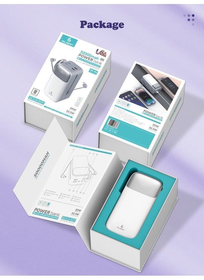 CELIBERY - 50000mAh Power Bank with 4 Outputs (2 x USB-A, 2 x USB-C) and input (Type-C), Two built-in cables, Battery digital Display, 22.5W Fast Charging and Carrying Strap, White - Image 1