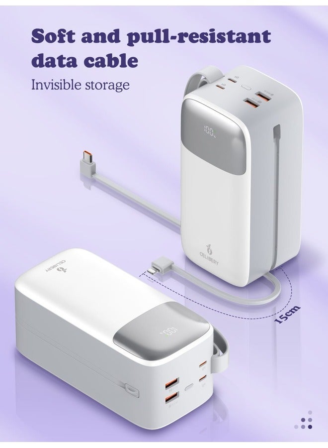 CELIBERY 50000mAh Power Bank with 4 Outputs (2 x USB-A, 2 x USB-C) and input (Type-C), Two built-in cables, Battery digital Display, 22.5W Fast Charging and Carrying Strap, White - Image 2