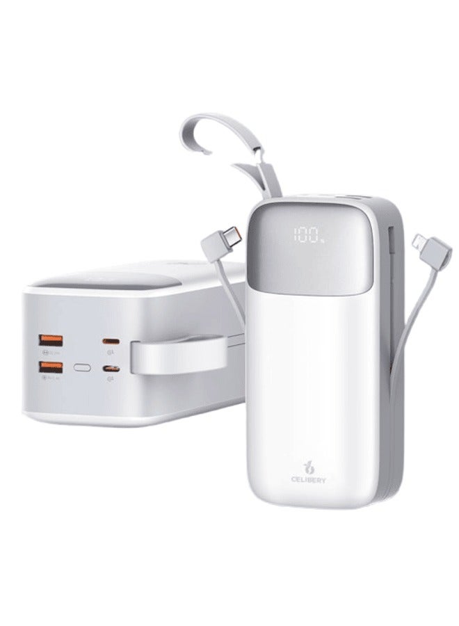 CELIBERY 50000mAh Power Bank with 4 Outputs (2 x USB-A, 2 x USB-C) and input (Type-C), Two built-in cables, Battery digital Display, 22.5W Fast Charging and Carrying Strap, White - Image 1