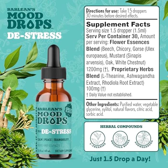 Barlean's Mood Booster Supplement, De-Stress Liquid Drop Supplements for Men and Women, Ashwagandha and L Theanine Extract, Adaptogen Herbs Drops, 1.5 oz - Image 2