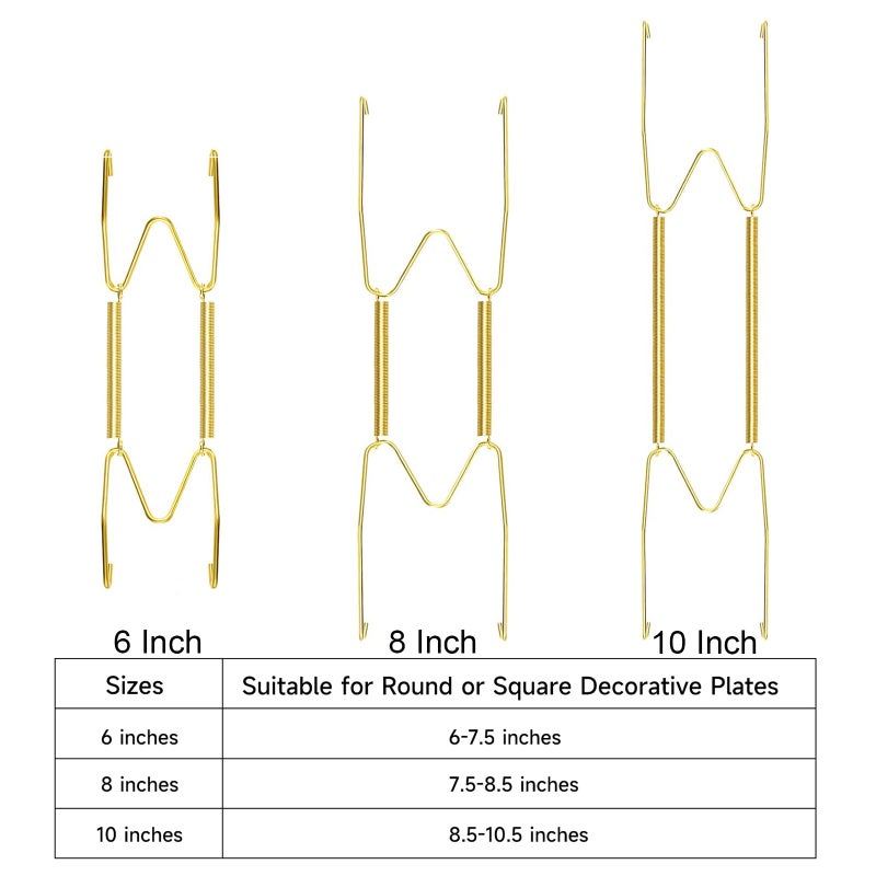 Fasunry 12 Piece Plate Hangers, 6/8/10 Inch Invisible Brass Wall Plate Hangers, Comes with 16 Piece Wall Hooks for Decorative Plates - Image 2
