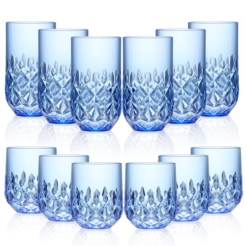 SKLENICE Acrylic Drinking Glasses Set of 12 Blue Mixed Drinks Glassware Unbreakable Palstic Tumbler and Rocks Glass Set 6pcs 18oz Highball and 6pcs 12 oz Cocktail Glasses for Cocktail Iced Coffee Beer Whiske - Image 1