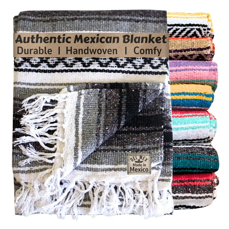 Del Mex Classic Mexican Blanket, Large Authentic Woven Falsa Throw (70"x50"), Artisan Southwest DÃ©cor for Beach, Yoga, Outdoors (Gray) - Image 1