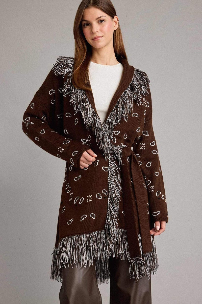DeFacto Standard Fit Tassel Detailed Long Cardigan - Image 1