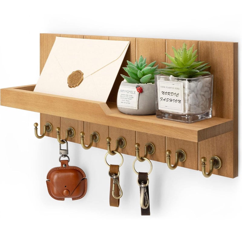 Rebee Vision Rebee Vision Decorative Key Holder for Wall Shelf  Farmhouse Wood Wall Hanging Mail Organizer with 7 Sturdy Key Hooks for Home Entryway Decor  Stylish Key Racks Light Brown 