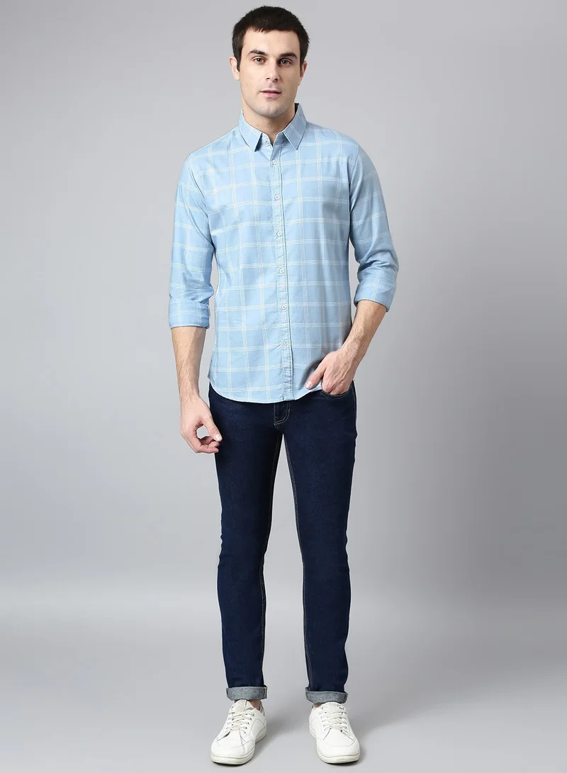 دينيس لينغو Slim Fit Sky Blue Men's Checked Shirt, Spread Collar, Full Sleeves, 100% Cotton,