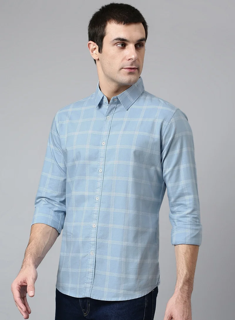 دينيس لينغو Slim Fit Sky Blue Men's Checked Shirt, Spread Collar, Full Sleeves, 100% Cotton,