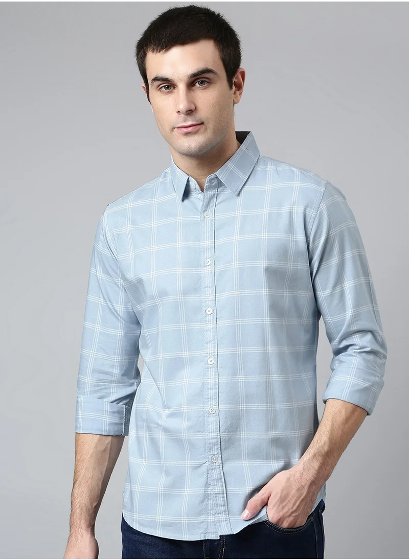 Dennis Lingo Slim Fit Sky Blue Men's Checked Shirt, Spread Collar, Full Sleeves, 100% Cotton