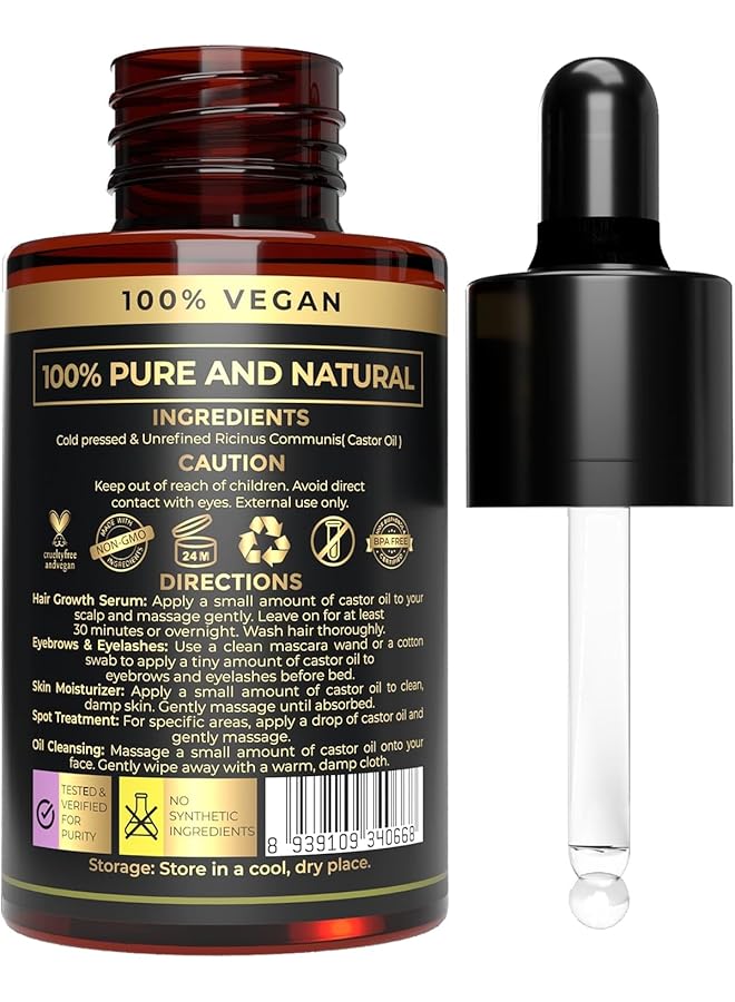 erorex Castor Oil Organic Cold Pressed Unrefined Glass Bottle Hexane Free Ideal For Hair Care Skin Care Eyelashes And Eyebrows Carrier Oil For Essential Oils Mixing Castor Oil For Face And Body  - Image 2
