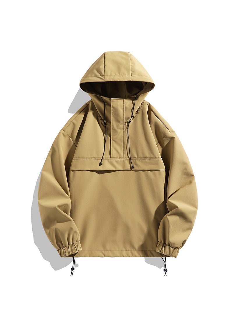 Generic Trendy Vintage Solid Color Mens Half-Zip Pullover Jacket 2024 New Loose-Fit Streetwear Versatile Climbing Jacket Brown 