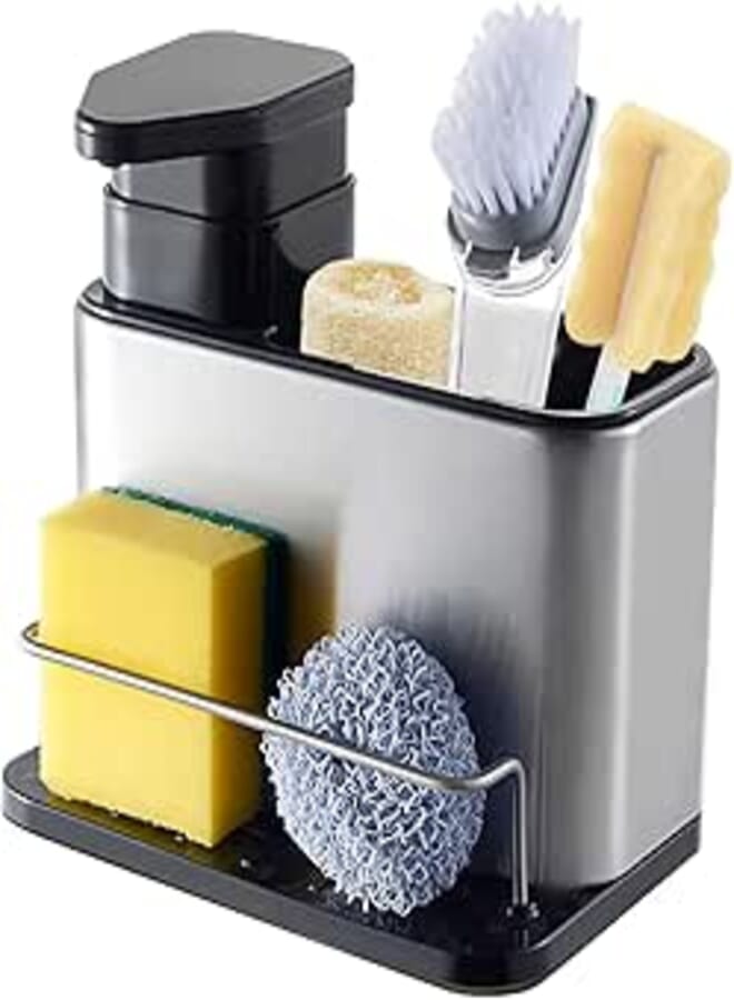 Sink Organizer with Detergent Dispenser, 3 in 1 Sponge with Dish Soap Dispenser, Stainless Steel Container with Drip Tray, Sink Holder, Black