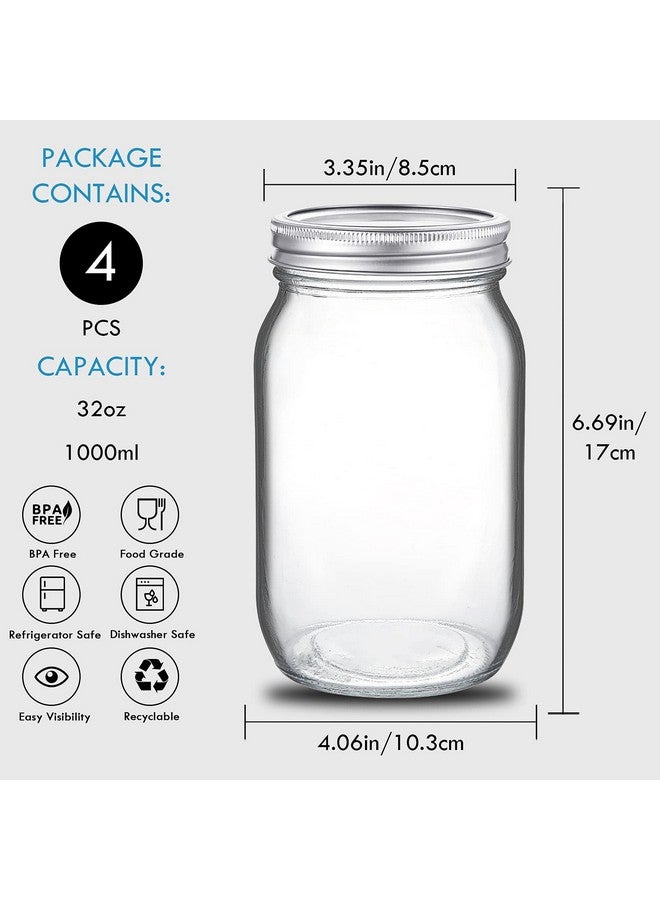 YEBODA 4 Pack Wide Mouth Mason Jars 32oz Glass Canning Jars with Airtight Lids and Bands for Preserving, Jam, Honey, Jelly, Wedding Favors, Sauces, Meal Prep, Overnight Oats, Salad, Yogurt - Image 3