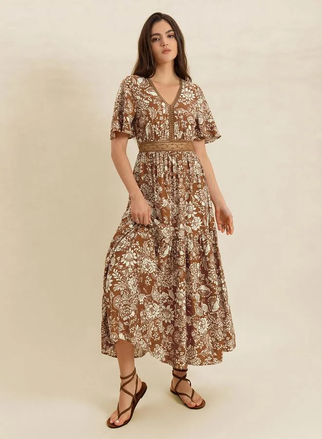 Take Two Take Two Brown Floral Print Maxi Dress
