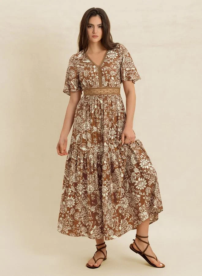 Take Two Take Two Brown Floral Print Maxi Dress