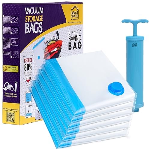 ABOUT SPACE Polyamide Polyethylene Vacuum Compression Bags (6 Pack) with Hand Pump | Medium Zip Seal Compression Storage Bags | Heavy-Duty Airtight Reusable Space Saver Luggage Organizer (Blue) - Image 1