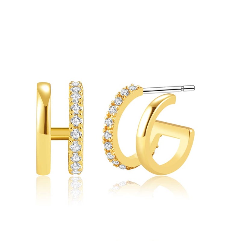 Obidos 14K Gold Plated Double Huggie Hoop Earrings for One Hole | Illusion Stud Earrings for Women - Image 1