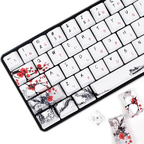 MOLGRIA Keycaps 71 Set for Gaming Mechanical Keyboard, Custom PBT OEM Profile Key caps Japanese Font with Keycap Puller for Cherry MX 71/61 60 Percent Keyboard(Plum Blossom) - Image 1