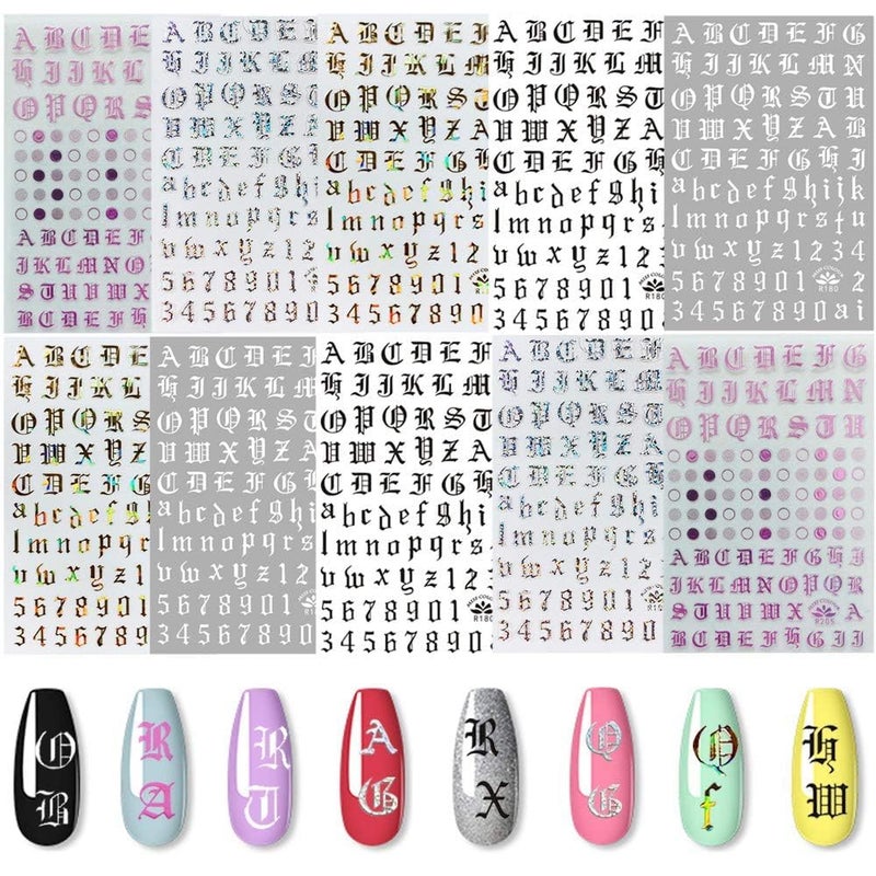 EBANKU Nail Letter Stickers Nail Stickers for Nail Art 10 Sheets 5colors SelfAdhesive Old English Nail Sticker 3D Words Alphabet Nail Decals for DIY Women Nail Decoration