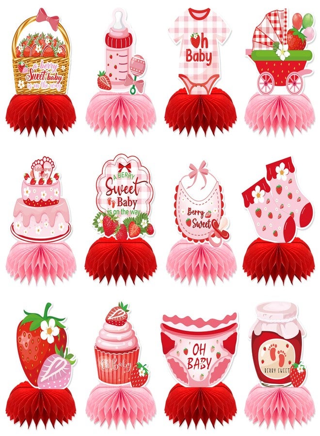 Refavor Strawberry Baby Shower Decorations, 12PCS Berry Sweet Honeycomb Centerpieces Decoration A Berry Sweet Baby Is on the Way Party Table Decor Supplies - Image 1