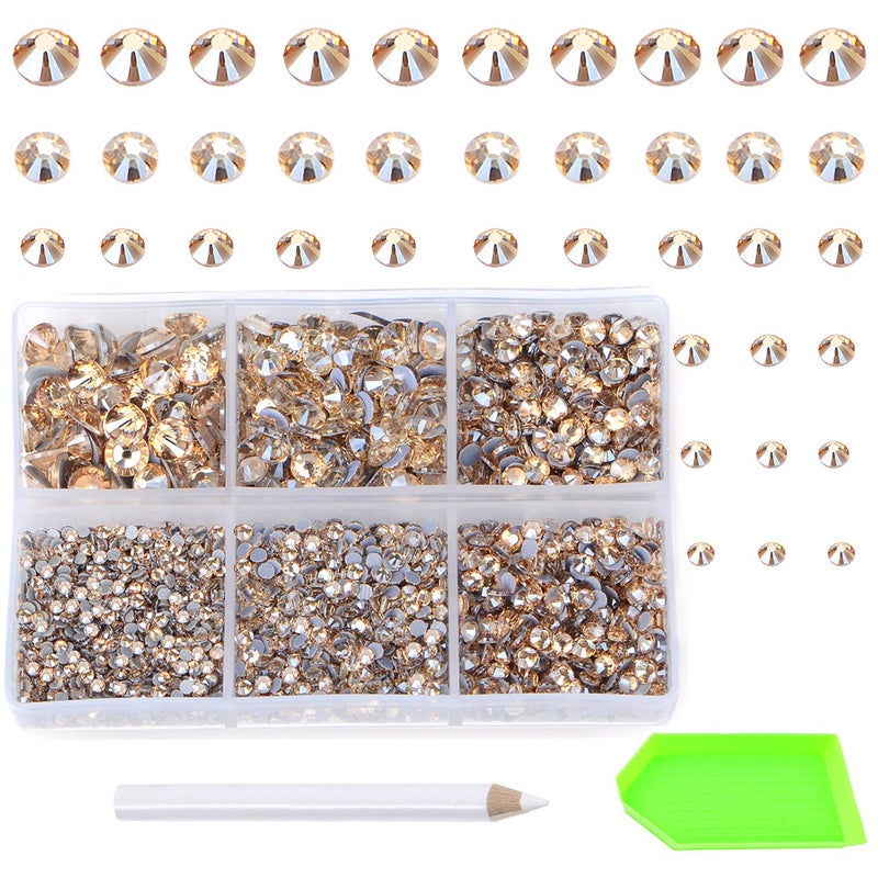 AD Beads 4500 Pieces Hotfix Rhinestones Flat Back 6 Sizes 26 mm Crystal Round Glass Gems with Tweezers and Picking Rhinestones Pen or Crafts Nail Face Art Bags Clothes Shoes DIY Champagne - Image 3