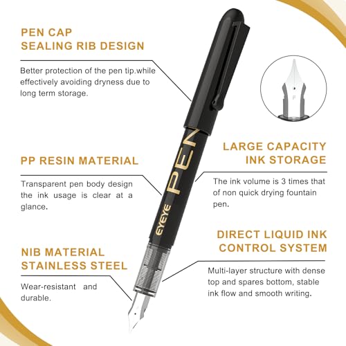 EYEYE Disposable Fountain Pens Fine Point, 4 Black 4 Blue Fountain Pens or Writing, Stainless Steel Nib, Smooth Writing for Journaling, Drafting, Sketching, Doodling & Office Supplies - Image 3