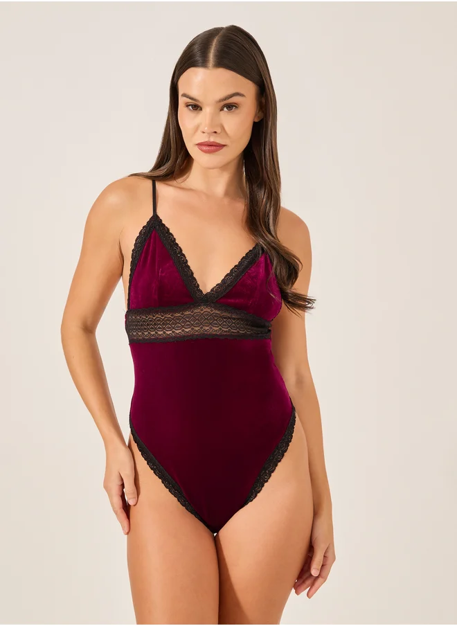 ستايلي Styli Lace Insert Velvet Bodysuit
