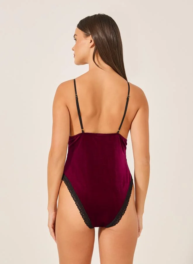 Styli Styli Lace Insert Velvet Bodysuit